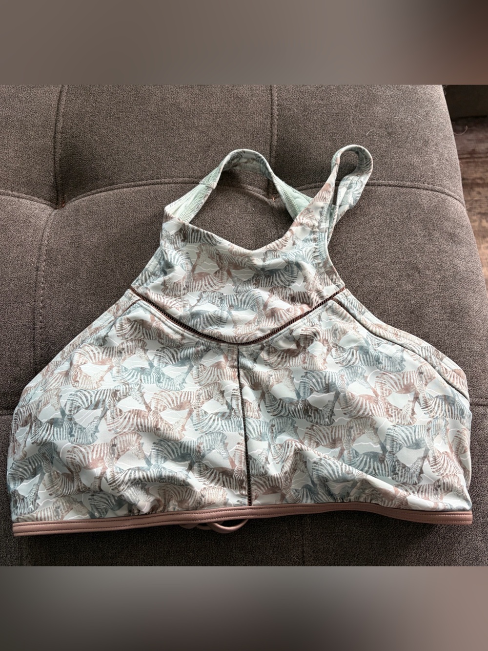 Prana Mint Green and Taupe Leaf-Print Swim Top